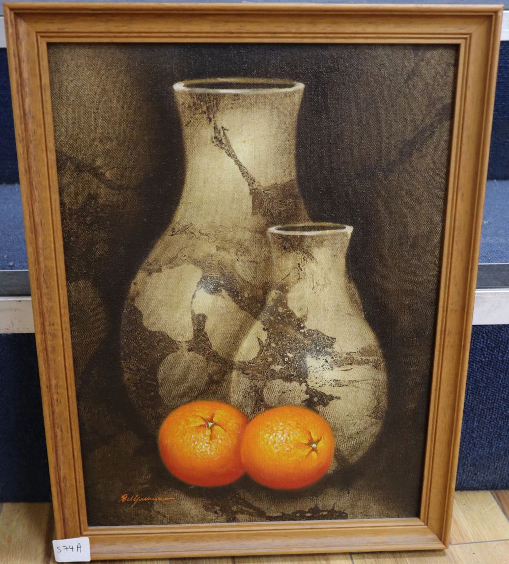 Russian School, oil on canvas board, Still life of oranges and vases, 39 x 29cm